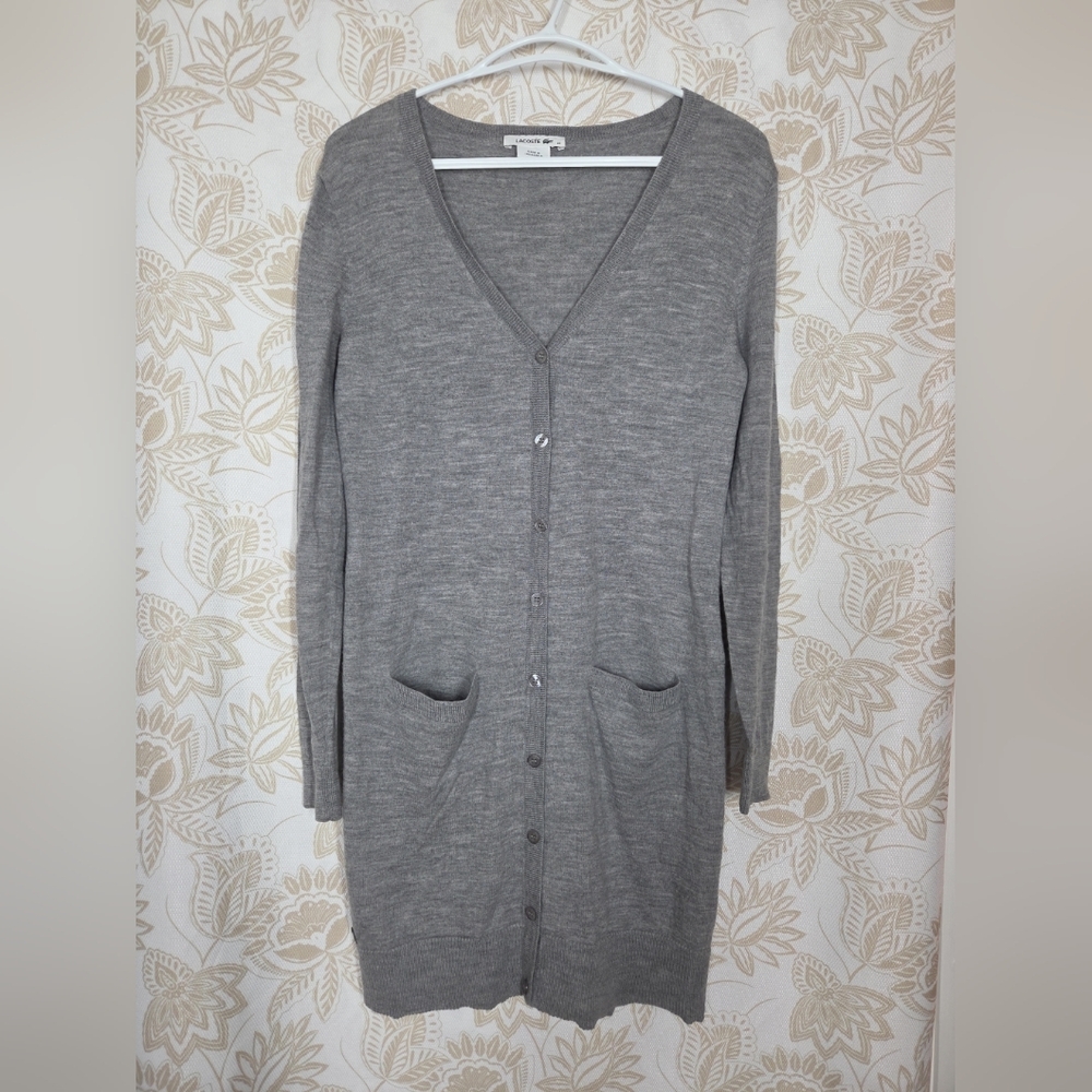 NEW Lacoste Women's Grey Merino Wool Long Sleeve Cardigan sz EU 38/US M Duster